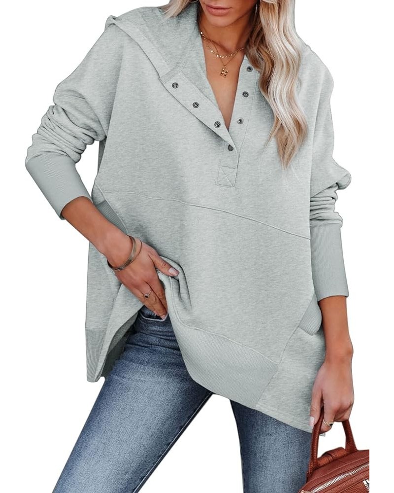 Women Casual Button V Neck Hoodies Oversized Pullover Sweatshirt Hooded Tops with Pockets Light Gray $22.43 Hoodies & Sweatsh...