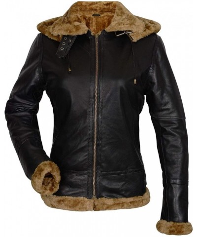 Womens B3 Bomber Jacket Real Sheepskin Leather Fur Shearling Removable Hoodie Raf Aviator Black Winter Jacket Black $52.20 Coats