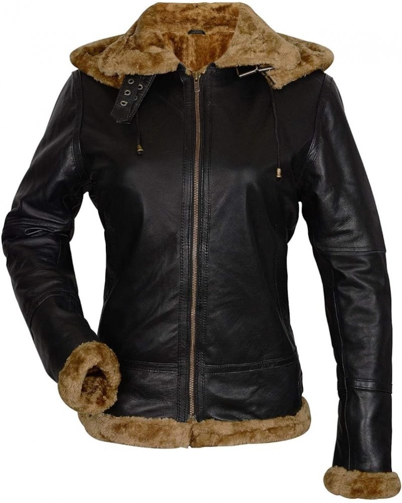 Womens B3 Bomber Jacket Real Sheepskin Leather Fur Shearling Removable Hoodie Raf Aviator Black Winter Jacket Black $52.20 Coats