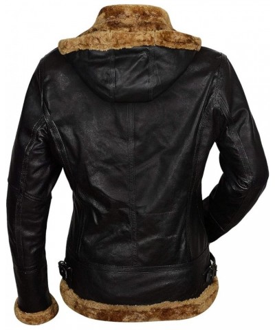 Womens B3 Bomber Jacket Real Sheepskin Leather Fur Shearling Removable Hoodie Raf Aviator Black Winter Jacket Black $52.20 Coats