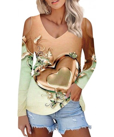 Cold Shoulder Tops for Women Deep V Neck Valentine's Day Heart Prints Long Sleeve Shirts Casual Tee Blouse Orange $9.68 Tops