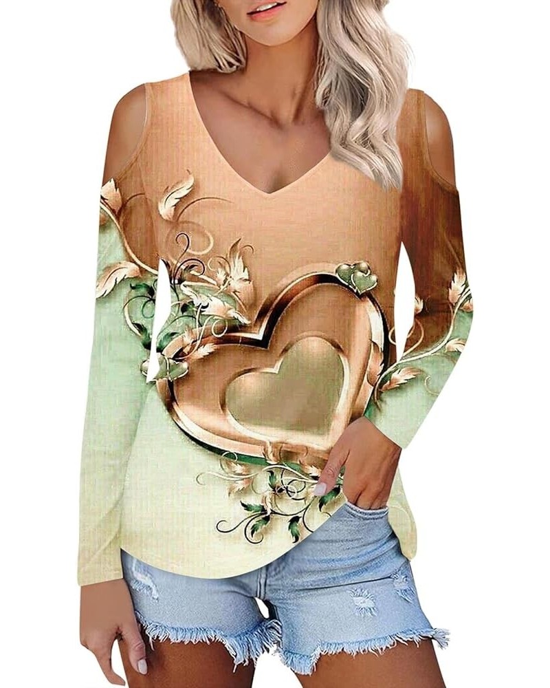 Cold Shoulder Tops for Women Deep V Neck Valentine's Day Heart Prints Long Sleeve Shirts Casual Tee Blouse Orange $9.68 Tops