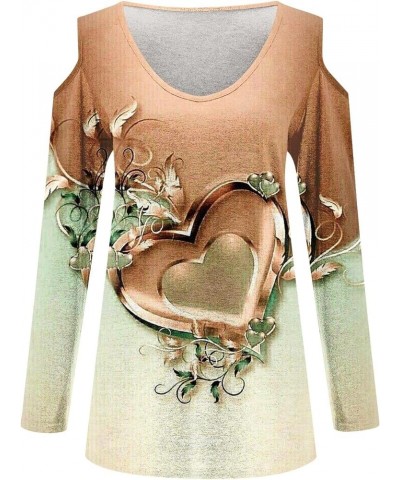 Cold Shoulder Tops for Women Deep V Neck Valentine's Day Heart Prints Long Sleeve Shirts Casual Tee Blouse Orange $9.68 Tops