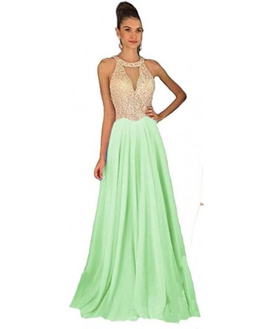 Sheer Beaded Pearls Halter Sleeveless Long Chiffon Prom Dress Evening Gowns Sage Green $61.49 Dresses