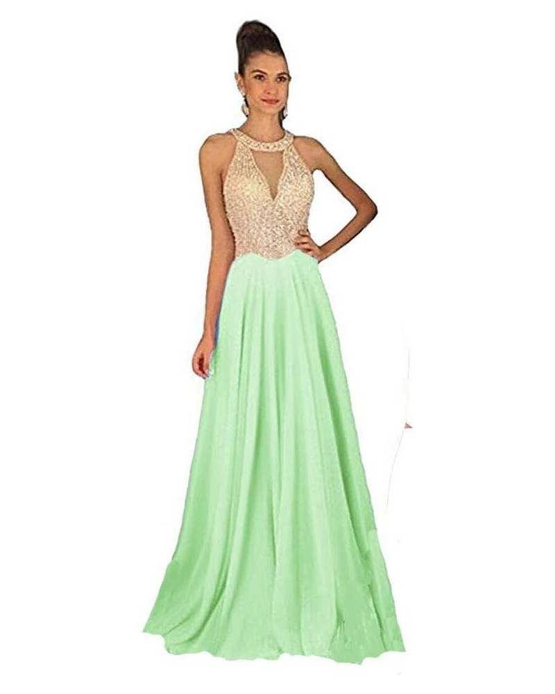 Sheer Beaded Pearls Halter Sleeveless Long Chiffon Prom Dress Evening Gowns Sage Green $61.49 Dresses