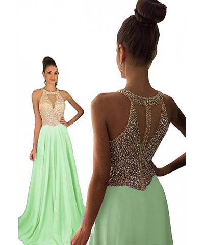 Sheer Beaded Pearls Halter Sleeveless Long Chiffon Prom Dress Evening Gowns Sage Green $61.49 Dresses