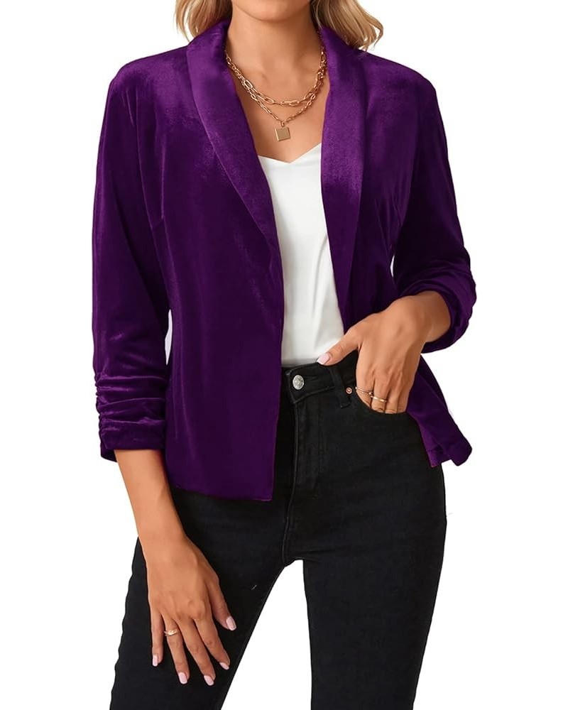 Women's Velvet Blazer 3/4 Ruched Sleeve Jacket Shawl Lapel Open Front Casual Blazers Jackets Purple $19.78 Blazers