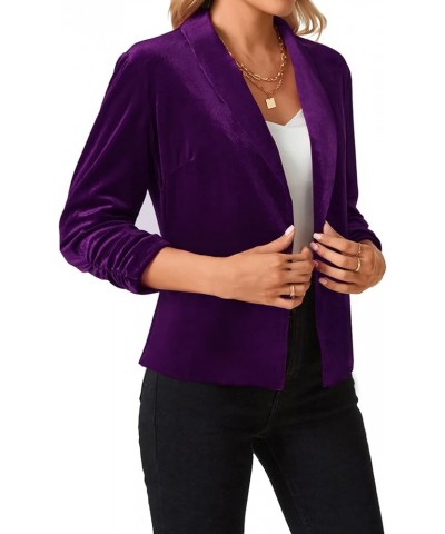 Women's Velvet Blazer 3/4 Ruched Sleeve Jacket Shawl Lapel Open Front Casual Blazers Jackets Purple $19.78 Blazers