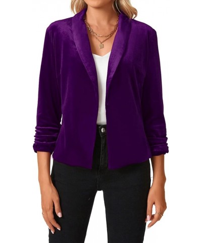 Women's Velvet Blazer 3/4 Ruched Sleeve Jacket Shawl Lapel Open Front Casual Blazers Jackets Purple $19.78 Blazers