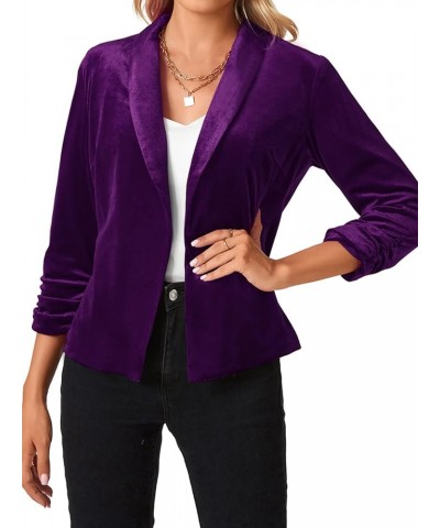 Women's Velvet Blazer 3/4 Ruched Sleeve Jacket Shawl Lapel Open Front Casual Blazers Jackets Purple $19.78 Blazers