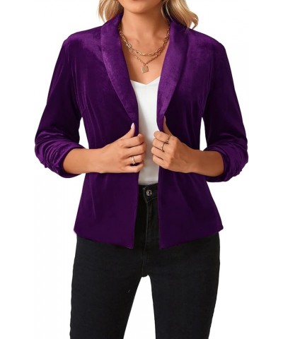 Women's Velvet Blazer 3/4 Ruched Sleeve Jacket Shawl Lapel Open Front Casual Blazers Jackets Purple $19.78 Blazers