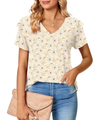 Women's Petal Sleeve Tops V Neck Short Sleeve Shirts Cute Summer Casual T-Shirts Loose Fit Blouses Ruffle Sleeve/Beige Daisy-...