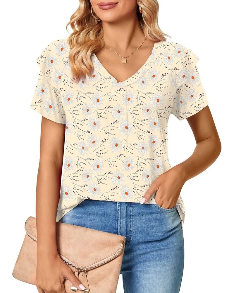 Women's Petal Sleeve Tops V Neck Short Sleeve Shirts Cute Summer Casual T-Shirts Loose Fit Blouses Ruffle Sleeve/Beige Daisy-...