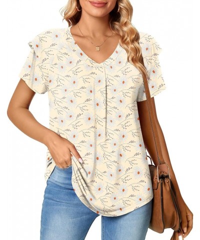 Women's Petal Sleeve Tops V Neck Short Sleeve Shirts Cute Summer Casual T-Shirts Loose Fit Blouses Ruffle Sleeve/Beige Daisy-...