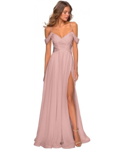 Cold Shoulder Chiffon Bridesmaid Dresses for Wedding with Pockets V Neck Long Prom Dress Formal Evening Gown Dusty Rose $24.2...