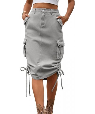 Women's Elastic High Waist Cargo Jean Skirt Casual Drawstring Hippie Mid Denim Skirt Lightgrey $16.64 Skirts