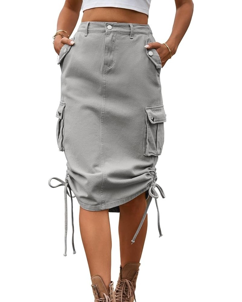 Women's Elastic High Waist Cargo Jean Skirt Casual Drawstring Hippie Mid Denim Skirt Lightgrey $16.64 Skirts