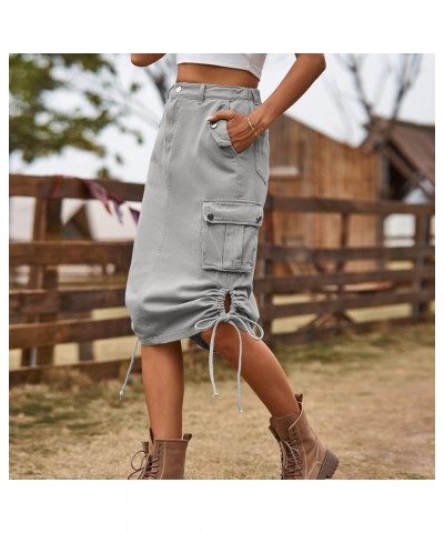 Women's Elastic High Waist Cargo Jean Skirt Casual Drawstring Hippie Mid Denim Skirt Lightgrey $16.64 Skirts