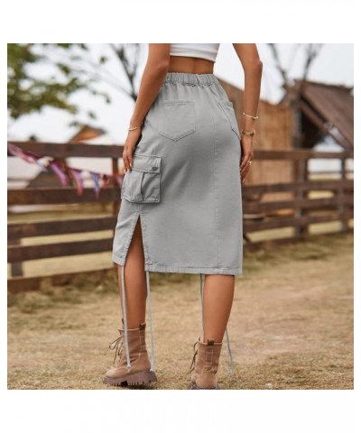 Women's Elastic High Waist Cargo Jean Skirt Casual Drawstring Hippie Mid Denim Skirt Lightgrey $16.64 Skirts