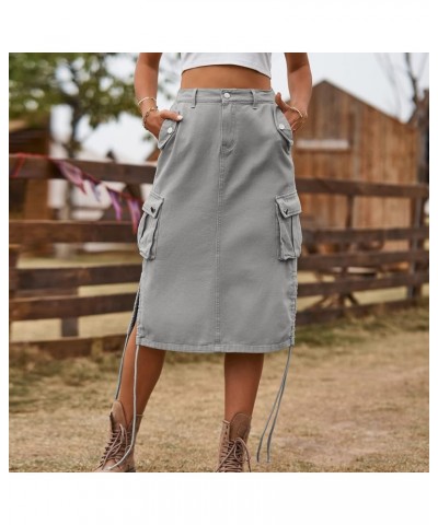 Women's Elastic High Waist Cargo Jean Skirt Casual Drawstring Hippie Mid Denim Skirt Lightgrey $16.64 Skirts