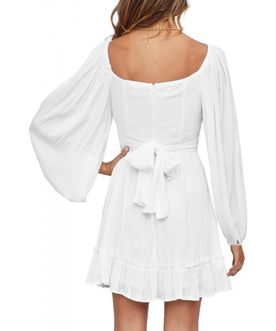 Women's Lantern Long Sleeve Square Neck Tie Back Ruffle A Line Mini Dress Solid White $25.43 Dresses