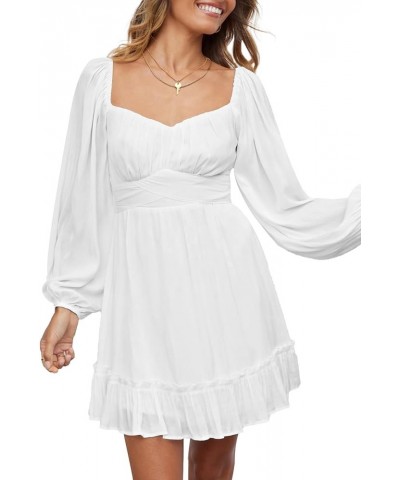 Women's Lantern Long Sleeve Square Neck Tie Back Ruffle A Line Mini Dress Solid White $25.43 Dresses