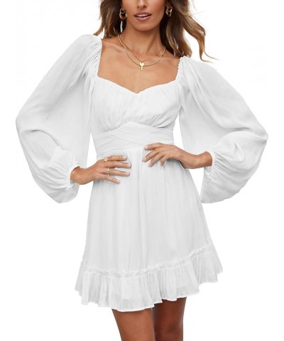 Women's Lantern Long Sleeve Square Neck Tie Back Ruffle A Line Mini Dress Solid White $25.43 Dresses