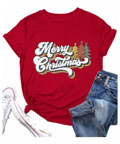 Merry Christmas Shirts for Women Vintage Christmas Tree Tshirt Short Sleeve Xmas Holiday Tee Tops Red $13.43 T-Shirts