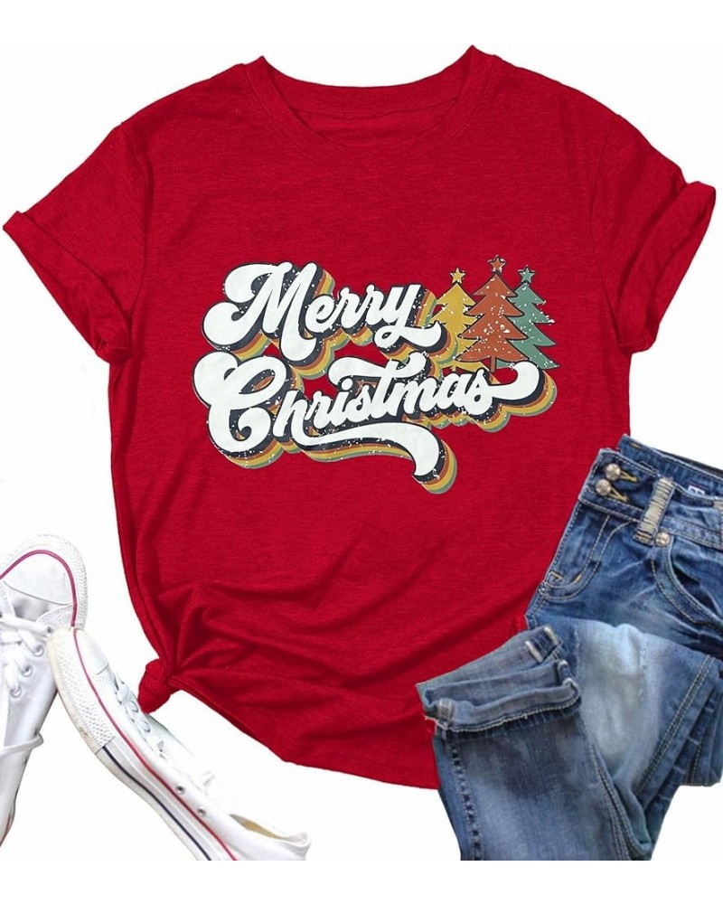 Merry Christmas Shirts for Women Vintage Christmas Tree Tshirt Short Sleeve Xmas Holiday Tee Tops Red $13.43 T-Shirts