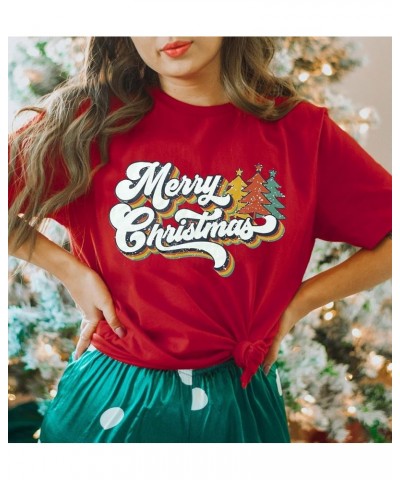 Merry Christmas Shirts for Women Vintage Christmas Tree Tshirt Short Sleeve Xmas Holiday Tee Tops Red $13.43 T-Shirts