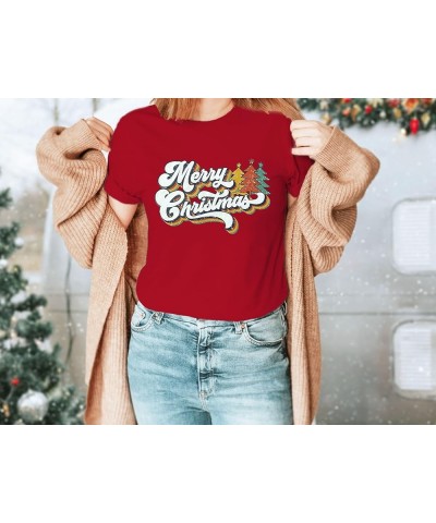 Merry Christmas Shirts for Women Vintage Christmas Tree Tshirt Short Sleeve Xmas Holiday Tee Tops Red $13.43 T-Shirts