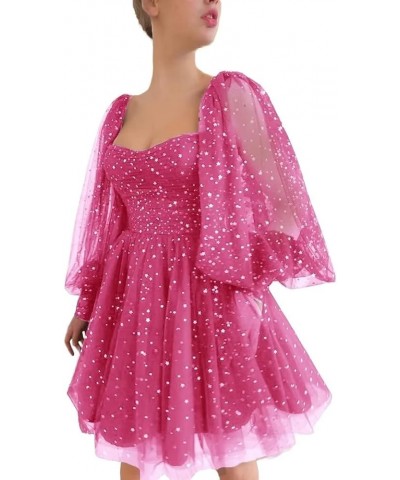 Women's Sparkle Starry Tulle Homecoming Dresses Puffy Sleeve Short Prom Dresses Party Gowns for Teens B-hot Pink $30.08 Dresses