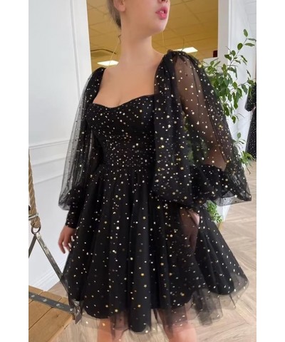 Women's Sparkle Starry Tulle Homecoming Dresses Puffy Sleeve Short Prom Dresses Party Gowns for Teens B-hot Pink $30.08 Dresses