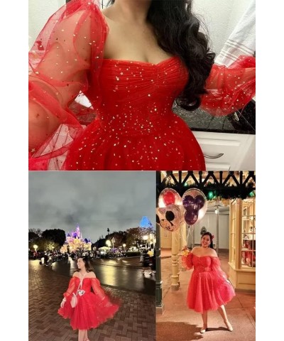 Women's Sparkle Starry Tulle Homecoming Dresses Puffy Sleeve Short Prom Dresses Party Gowns for Teens B-hot Pink $30.08 Dresses