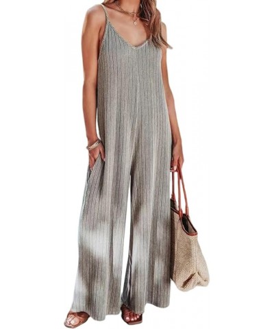 Women's Casual Loose Overalls Knit Jumpsuits Adjustable Straps Wide Leg Long Pant Rompers With Pockets Gray $14.26 Overalls