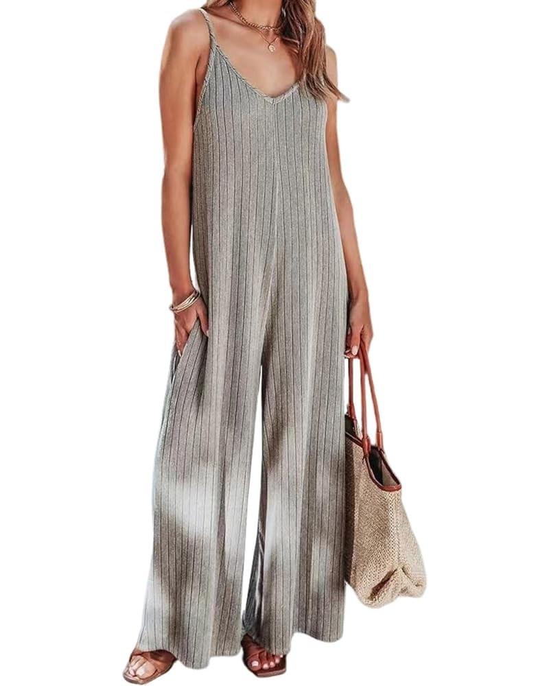 Women's Casual Loose Overalls Knit Jumpsuits Adjustable Straps Wide Leg Long Pant Rompers With Pockets Gray $14.26 Overalls