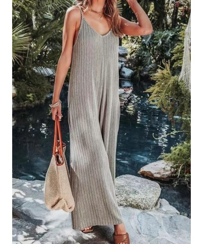 Women's Casual Loose Overalls Knit Jumpsuits Adjustable Straps Wide Leg Long Pant Rompers With Pockets Gray $14.26 Overalls