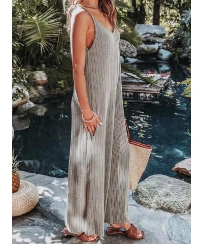 Women's Casual Loose Overalls Knit Jumpsuits Adjustable Straps Wide Leg Long Pant Rompers With Pockets Gray $14.26 Overalls