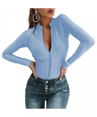 Womens Long Sleeve Bodysuit Tops Sexy Button Up V Neck Collared Body Suits Zip Up Blue $16.24 Bodysuits