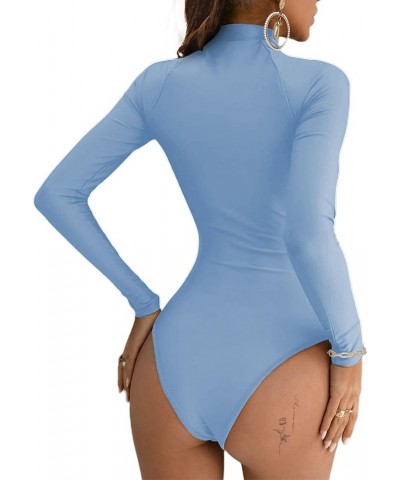 Womens Long Sleeve Bodysuit Tops Sexy Button Up V Neck Collared Body Suits Zip Up Blue $16.24 Bodysuits