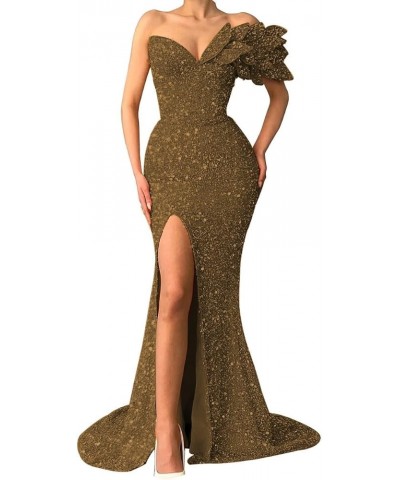 Sequin Mermaid Prom Dresses for Women 2024 One Shoulder Sparkly Evening Dress with Slit Long Formal Wedding Party Gown Brown ...