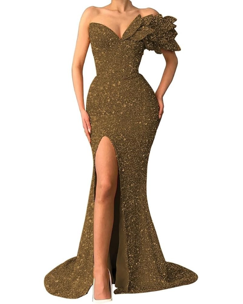 Sequin Mermaid Prom Dresses for Women 2024 One Shoulder Sparkly Evening Dress with Slit Long Formal Wedding Party Gown Brown ...