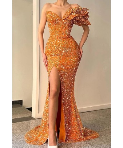 Sequin Mermaid Prom Dresses for Women 2024 One Shoulder Sparkly Evening Dress with Slit Long Formal Wedding Party Gown Brown ...