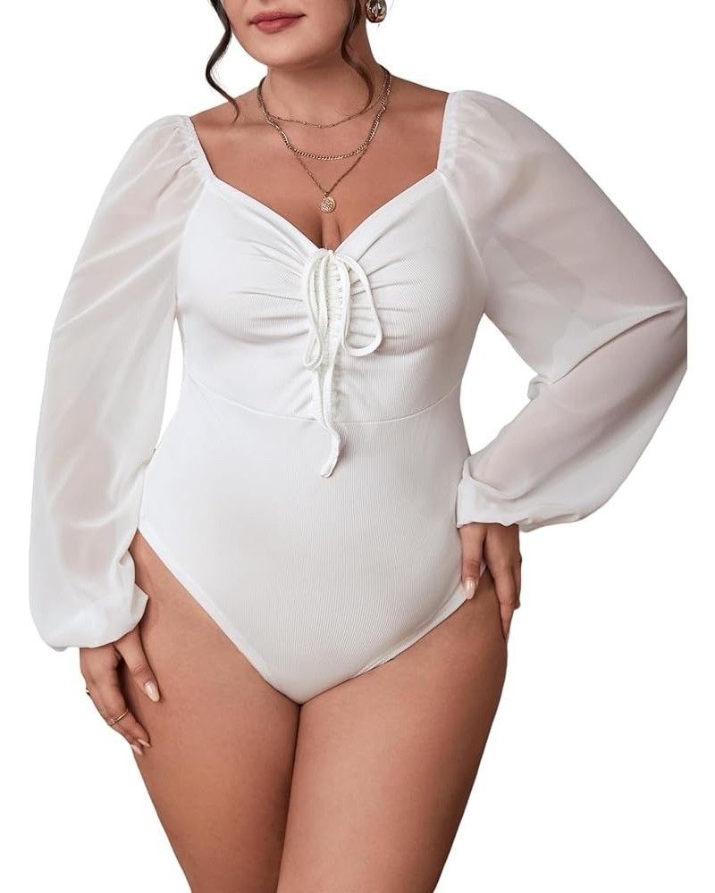 Plus Size Lantern Long Sleeve Bodysuit for Women Ruched Tie Tops Sweetheart Blouses Shirts One Piece Jumpsuit Plain White $16...