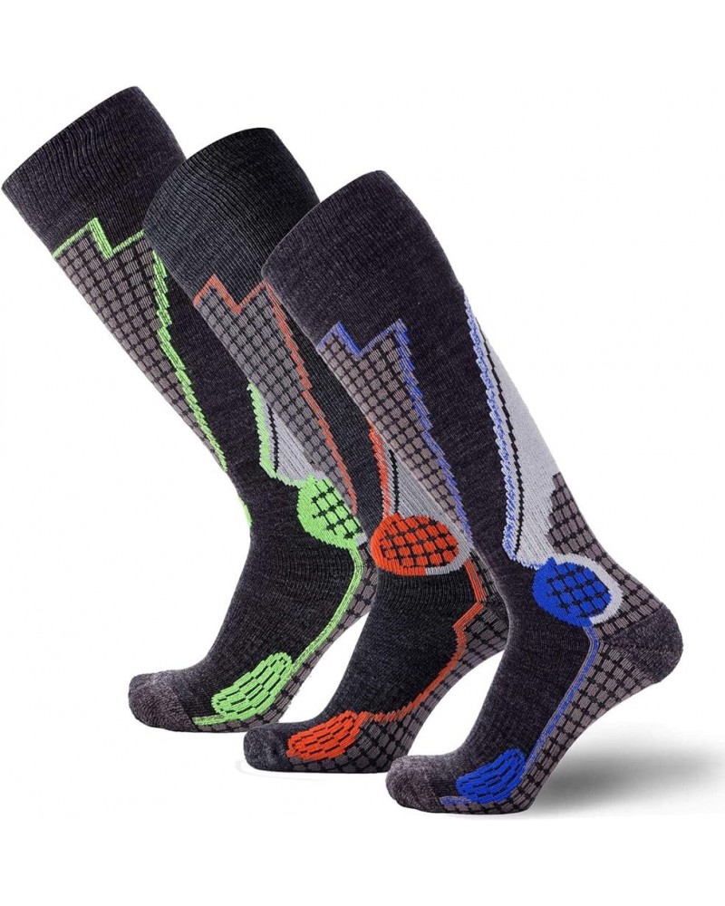 High Performance Wool Ski Socks - Thermal Warm Merino Wool OTC Sock, Men Women 3 Pairs - Black/Blue(1)+black/Neon Green(1)+bl...