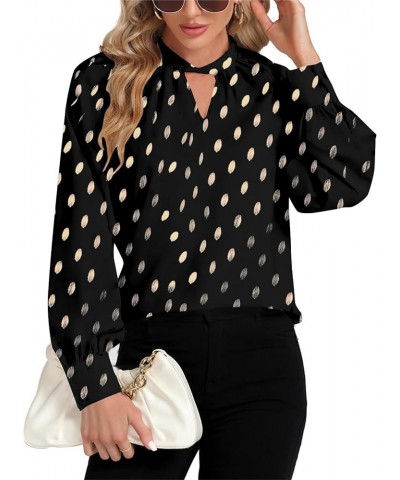 Women's Polka Dots Twist Neck Long Raglan Sleeve Workwear Blouse Shirt Top Black $23.39 Blouses