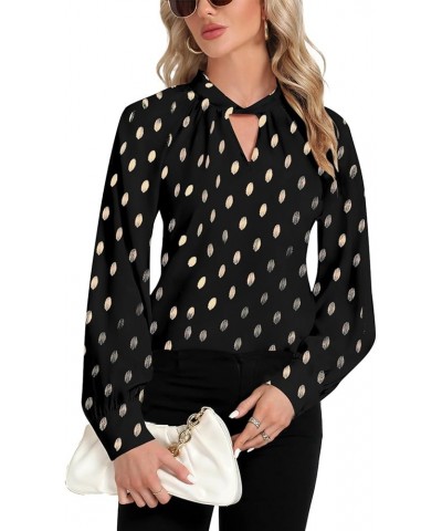 Women's Polka Dots Twist Neck Long Raglan Sleeve Workwear Blouse Shirt Top Black $23.39 Blouses