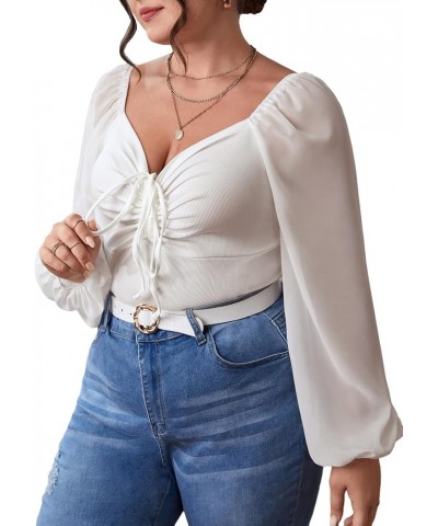 Plus Size Lantern Long Sleeve Bodysuit for Women Ruched Tie Tops Sweetheart Blouses Shirts One Piece Jumpsuit Plain White $16...