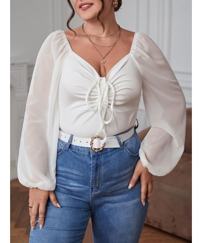 Plus Size Lantern Long Sleeve Bodysuit for Women Ruched Tie Tops Sweetheart Blouses Shirts One Piece Jumpsuit Plain White $16...