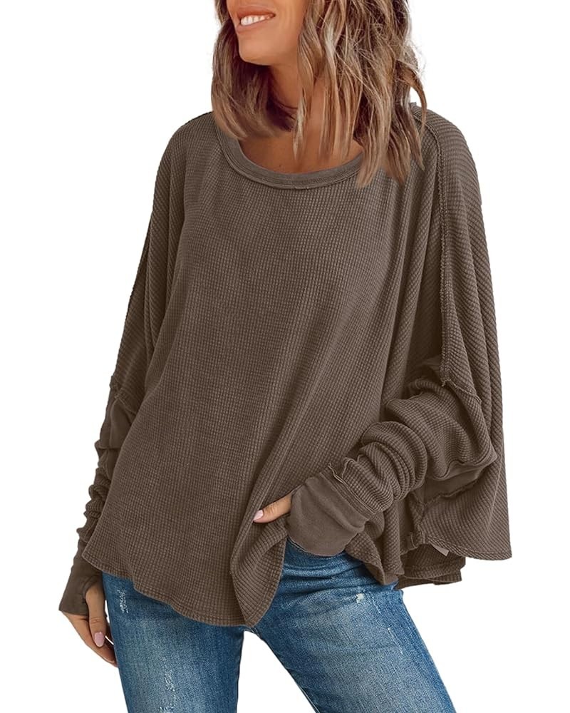 Womens Waffle Knit Tunic Tops Oversized Batwing Long Sleeve Shirt Casual Loose Fit Crewneck Pullover Dark Khaki $15.67 Tops